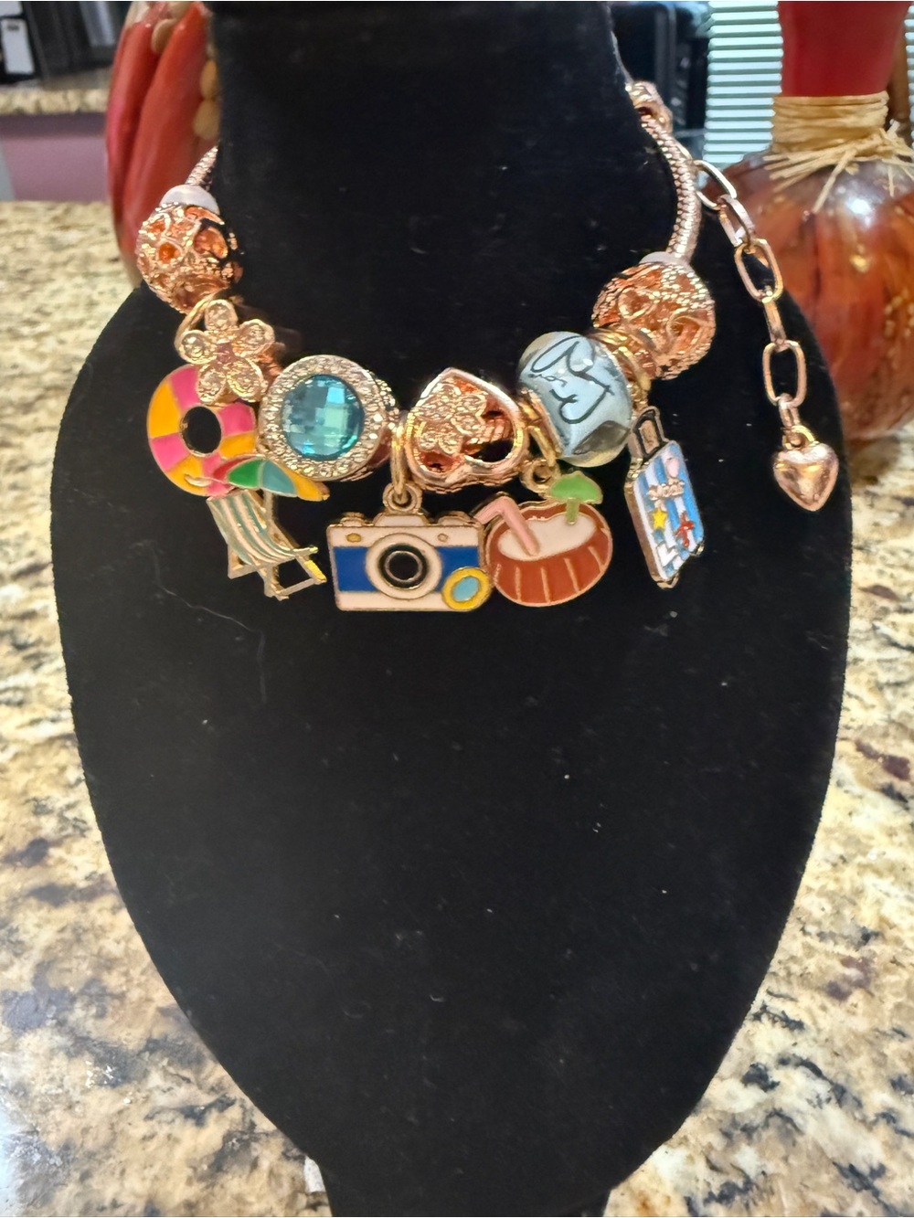 Rose Gold Charm Bracelet with Colorful Enamel Travel Charms